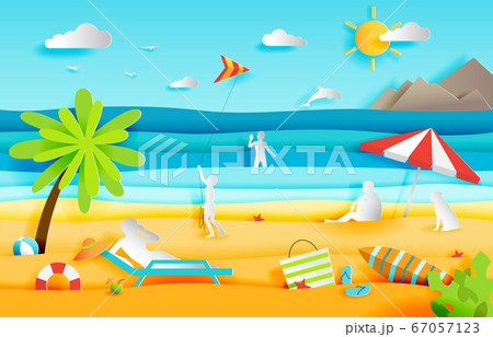 Summer panorama of tropical beach with people, 67057123