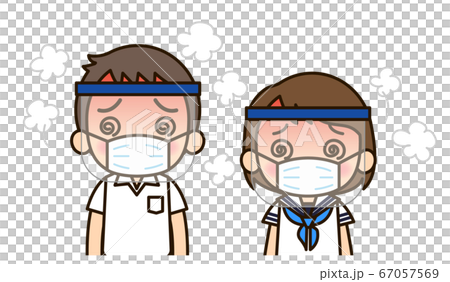 マスクとフェイスシールドを付けて目を回す男女の生徒のイラスト素材