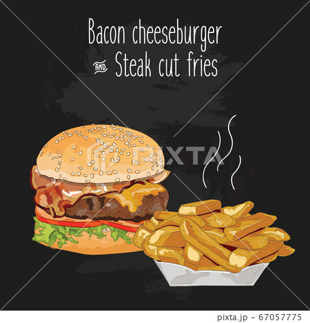 Hand drawn colorful vegetarian burger and steak cut fries Hand drawn colorful vegetarian burger and steak cut fries 67057775