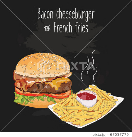 Hand drawn colorful bacon cheeseburger and french fries with ketchup 67057779