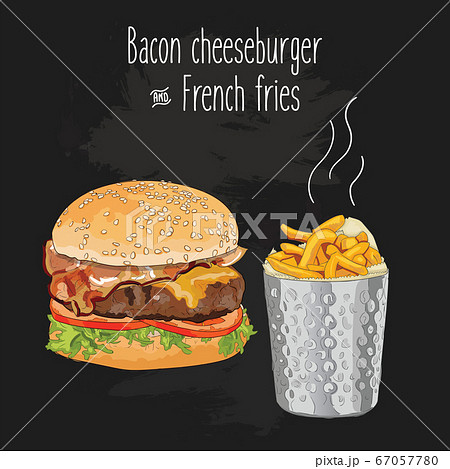 Hand drawn colorful bacon cheeseburger and french fries in metal cup 67057780