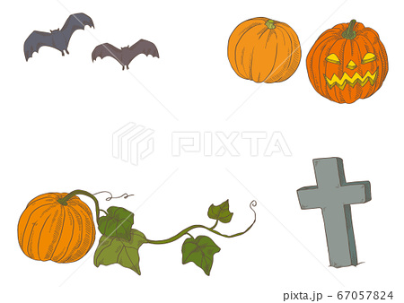 ハロウィンの装飾 おばけかぼちゃ コウモリ 十字架 フレーム イラスト カラー のイラスト素材