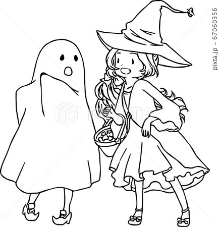 ハロウィンの仮装をした女の子達がおしゃべりしながら歩く線画イラストのイラスト素材
