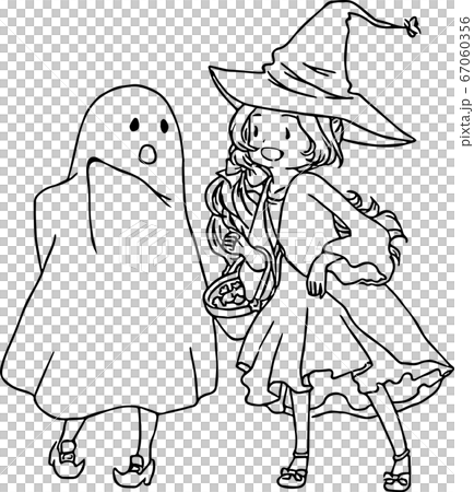 ハロウィンの仮装をした女の子達がおしゃべりしながら歩く線画イラストのイラスト素材