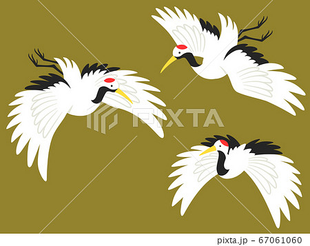 飛んでいる3羽の鶴のイラストセットのイラスト素材