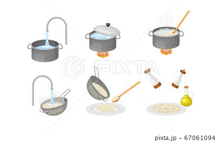 Cooking Rice Process with Head Rice Washing and Poaching on Burner Vector Set 67061094