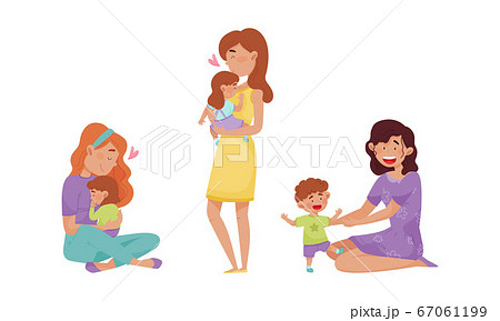 Mother Cradling Child in Arms and Playing Vector Illustrations Set Mother Cradling Child in Arms and Playing Vector Illustrations Set 67061199