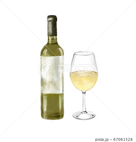 白ワインボトルとグラス 水彩風イラストのイラスト素材
