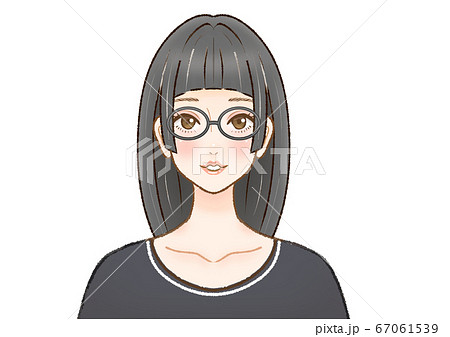 メガネ黒髪ぱっつんロング女性のイラスト素材