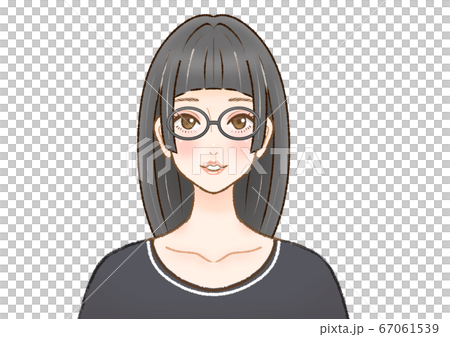 メガネ黒髪ぱっつんロング女性のイラスト素材