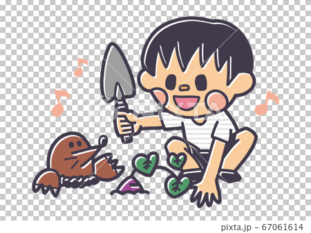 芋ほり さつまいも モグラ シャベル スコップ 秋 イベント 版ズレ はんこ 版画 イラスト 67061614