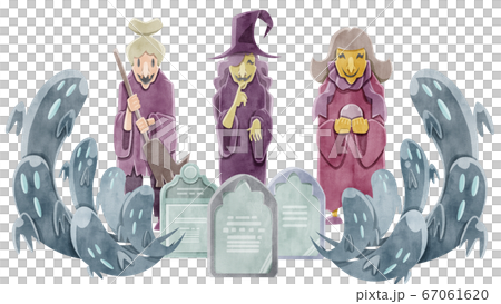 魔女3姉妹とお墓とお化けの水彩イラスト 67061620