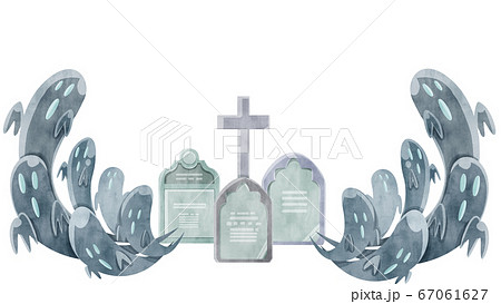 お墓と幽霊の水彩イラストのイラスト素材
