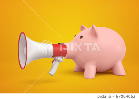 3d rendering of pink piggy bank with big megaphone instead of snout on amber background. 3d rendering of pink piggy bank with big megaphone instead of snout on amber background. 67064062