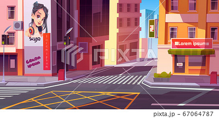 City street with houses and scooter on road 67064787