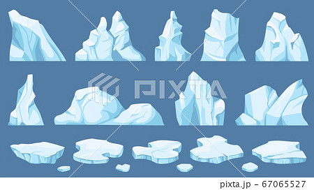 Cartoon arctic ice. Icebergs, blue floes and ice crystals. Icy cliff, cold frozen block of different shapes for game and decor vector set 67065527
