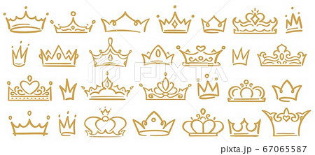 Gold sketch crowns, hand drown royal diadems for queen, princess, winner or champion. Crowns with decoration 67065587