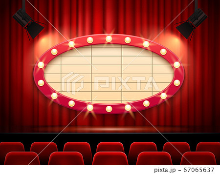 Theater frame illuminated by spotlight. Retro cinema sign with border decorated with lamps on red curtains Theater frame illuminated by spotlight. Retro cinema sign with border decorated with lamps on red curtains 67065637