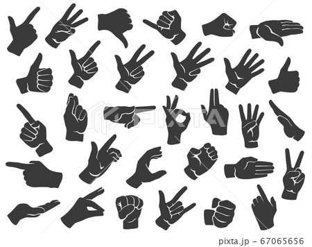 Hand gesture silhouette icons. Man hands gestures, pointing finger and thumbs up like icon stencil vector set 67065656