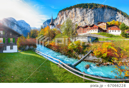 Stunning autumn view of Lauterbrunnen village with 67066228