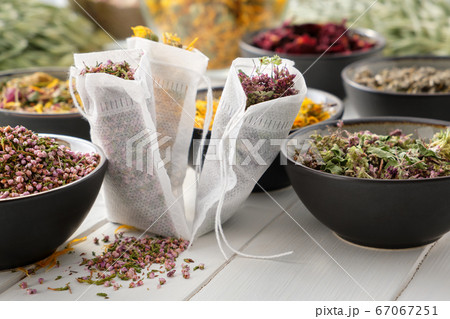 Filter tea bags of medicinal herbs, healing plants Filter tea bags of medicinal herbs, healing plants 67067251