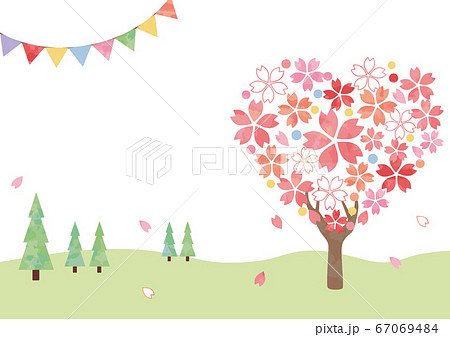 ハートの桜の木 背景 風景 水彩 ハート形のイラスト素材