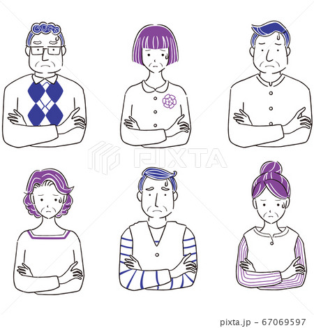 手描き1color シニアの男女　6人　上半身　悩む 67069597