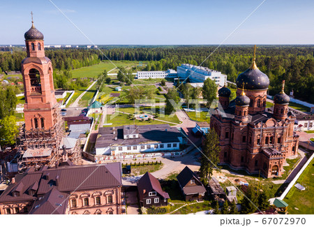 Guslitsky Transfiguration Monastery of city Kourovskoe from helicopter. Moscow region. Russia Guslitsky Transfiguration Monastery of city Kourovskoe from helicopter. Moscow region. Russia 67072970