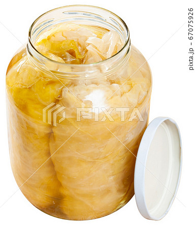 Glass jars with homemade sauerkraut. Winter food Glass jars with homemade sauerkraut. Winter food 67075926