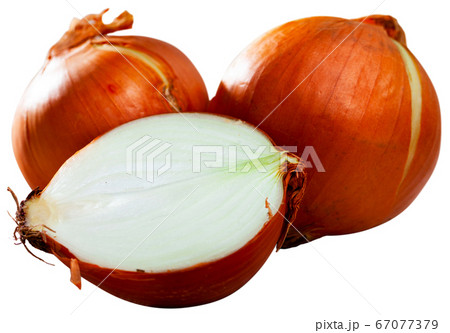 Image of cut onion bulbs on white background Image of cut onion bulbs on white background 67077379