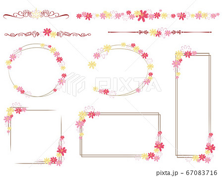 コスモスの花がついた飾り罫とフレームのセットのイラストのイラスト素材