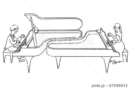 2台ピアノを演奏する男女 線画 のイラスト素材