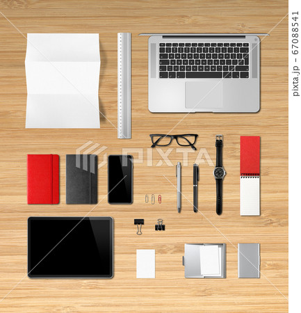 Wooden office desk branding mockup top view Wooden office desk branding mockup top view 67088541