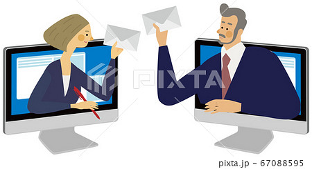 パソコンから飛び出すビジネスメールのイラスト パソコンから飛び出すビジネスメールのイラスト 67088595