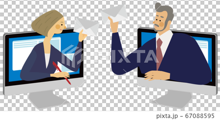 パソコンから飛び出すビジネスメールのイラスト パソコンから飛び出すビジネスメールのイラスト 67088595