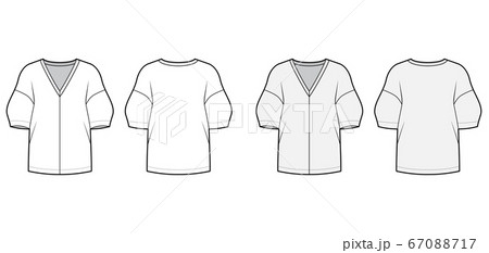 Blouse technical fashion illustration set with V neck, dropped shoulders and side slits elbow sleeves, loose silhouette 67088717