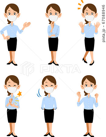 マスクをつけて夏のオフィスで働く女性、6種類の仕草と表情 マスクをつけて夏のオフィスで働く女性、6種類の仕草と表情 67088946