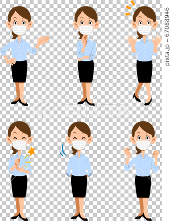 マスクをつけて夏のオフィスで働く女性、6種類の仕草と表情 マスクをつけて夏のオフィスで働く女性、6種類の仕草と表情 67088946