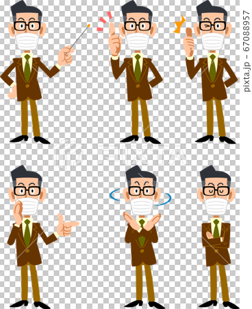 マスクをつけて茶色のジャケットを着た眼鏡の男性　6種類の表情とポーズ 67088957