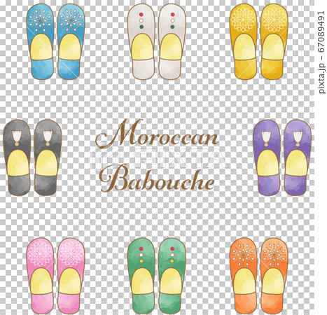 バブーシュ(モロッコのスリッパ)の水彩風セット バブーシュ(モロッコのスリッパ)の水彩風セット 67089491