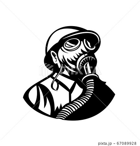 Gasman Wearing A Hardhat And Gas Mask Looking Upのイラスト素材