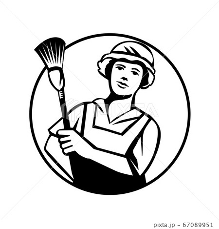 Maid Cleaner Holding Duster Front View Circle 67089951