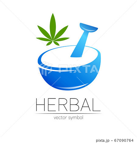 Vector mortar and pestle blue symbol logo with cannabis. Ecology icon concept for medicine, vegetarian, therapy, pharmacology and business. Organic sign illustration. Modern logotype or label. Vector mortar and pestle blue symbol logo with cannabis. Ecology icon concept for medicine, vegetarian, therapy, pharmacology and business. Organic sign illustration. Modern logotype or label. 67090764