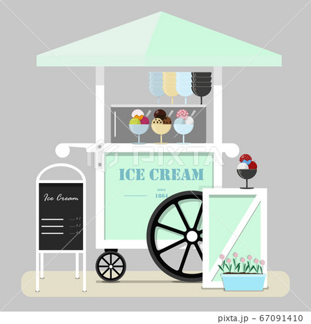 Flat cute ice cream cart. Diner in the Park, at the fair, street and festival. illustration in pastel green and blue tones. Point of sale of ice cream, Popsicle, Gelato, ice and milkshakes. Flat cute ice cream cart. Diner in the Park, at the fair, street and festival. illustration in pastel green and blue tones. Point of sale of ice cream, Popsicle, Gelato, ice and milkshakes. 67091410