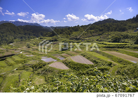 青空と棚田の風景　山形県大蔵村 67091767