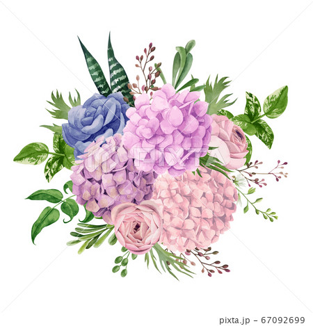 Lush pink hydrangea bouquet, top view, hand drawn Lush pink hydrangea bouquet, top view, hand drawn 67092699