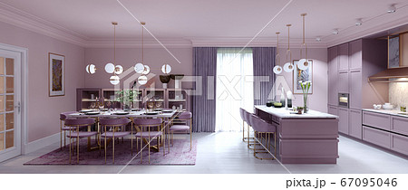 Fashionable kitchen interior with dining room in 67095046