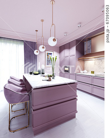 Fashionable kitchen in a trend style lilac color Fashionable kitchen in a trend style lilac color 67095063