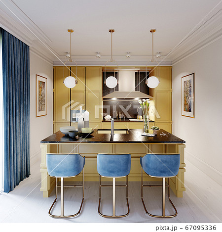 Bar counter yellow color and bar stools blue Bar counter yellow color and bar stools blue 67095336