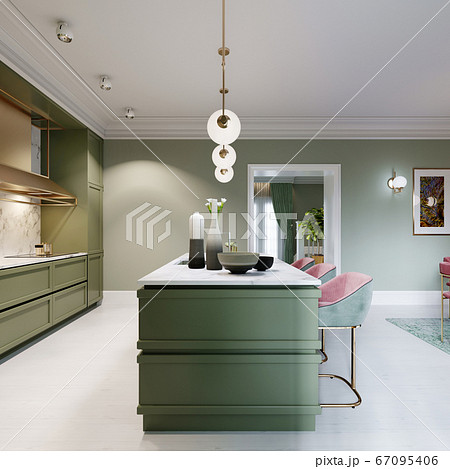 New Design Pistachio Color Kitchen With Kitchen Island Stock Photo